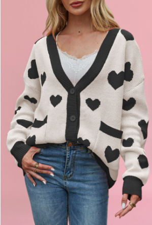 Valentine's Day Heart Peach Cardigan Pocket V-neck Knitted Jacket